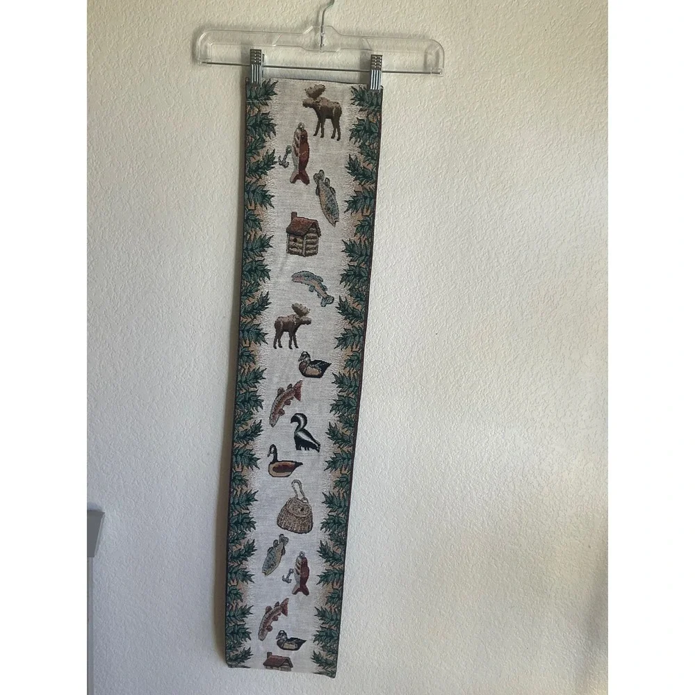 Vintage The Outdoorsman Tapestry Bell Pull  Hanging Moose Fish Cabin 8x41 USA